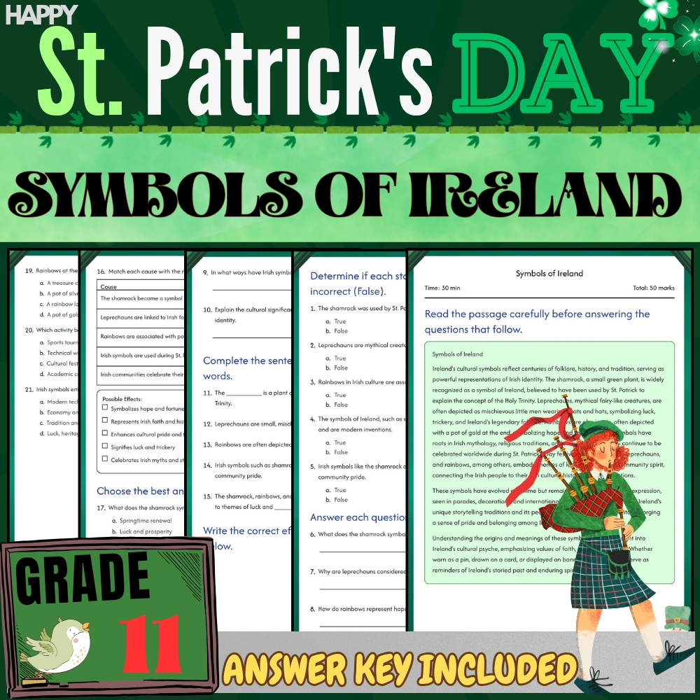 Grade11 Seasonal|Irish Symbols & St. Patrick’s Day Worksheet Bundle(Answer Keys) — included worksheet 4