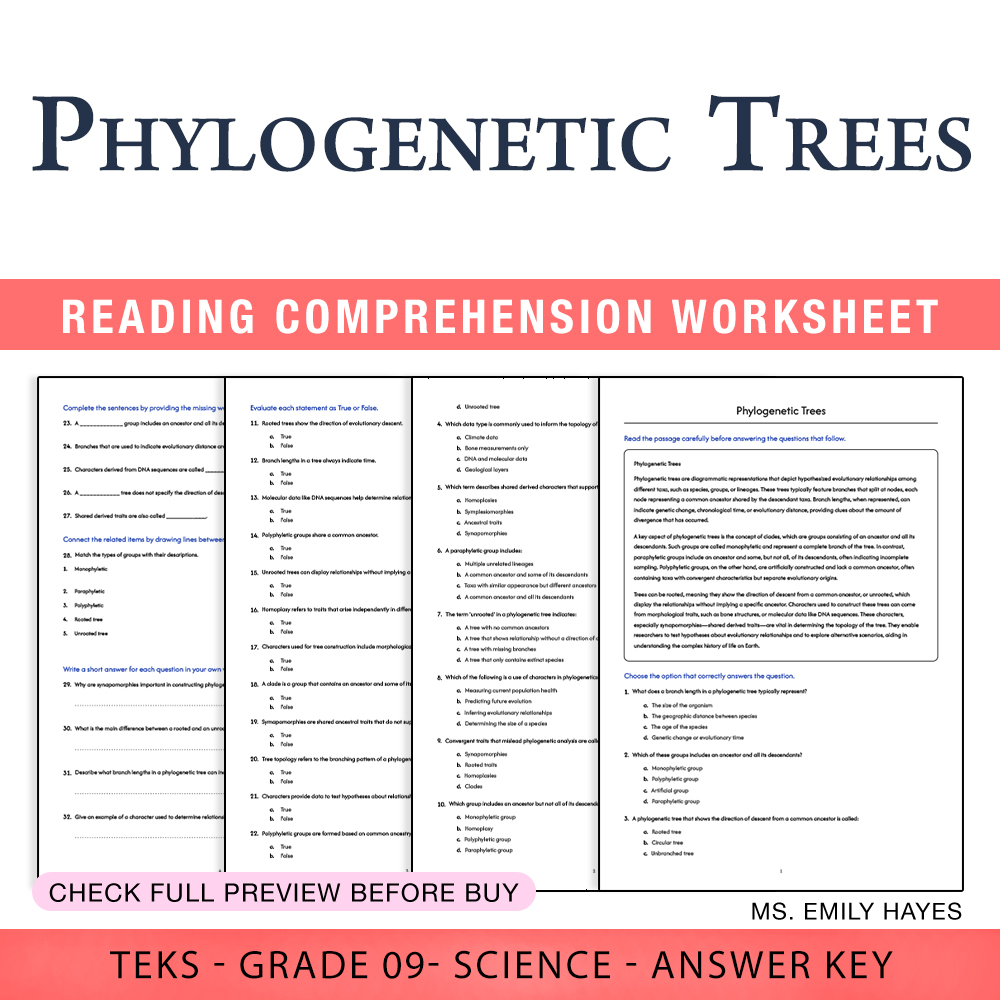 Grade 9 Science worksheet worksheet — 9th Grade Science | Phylogenetic Trees Worksheet (PDF+ Answer Key) — page 1