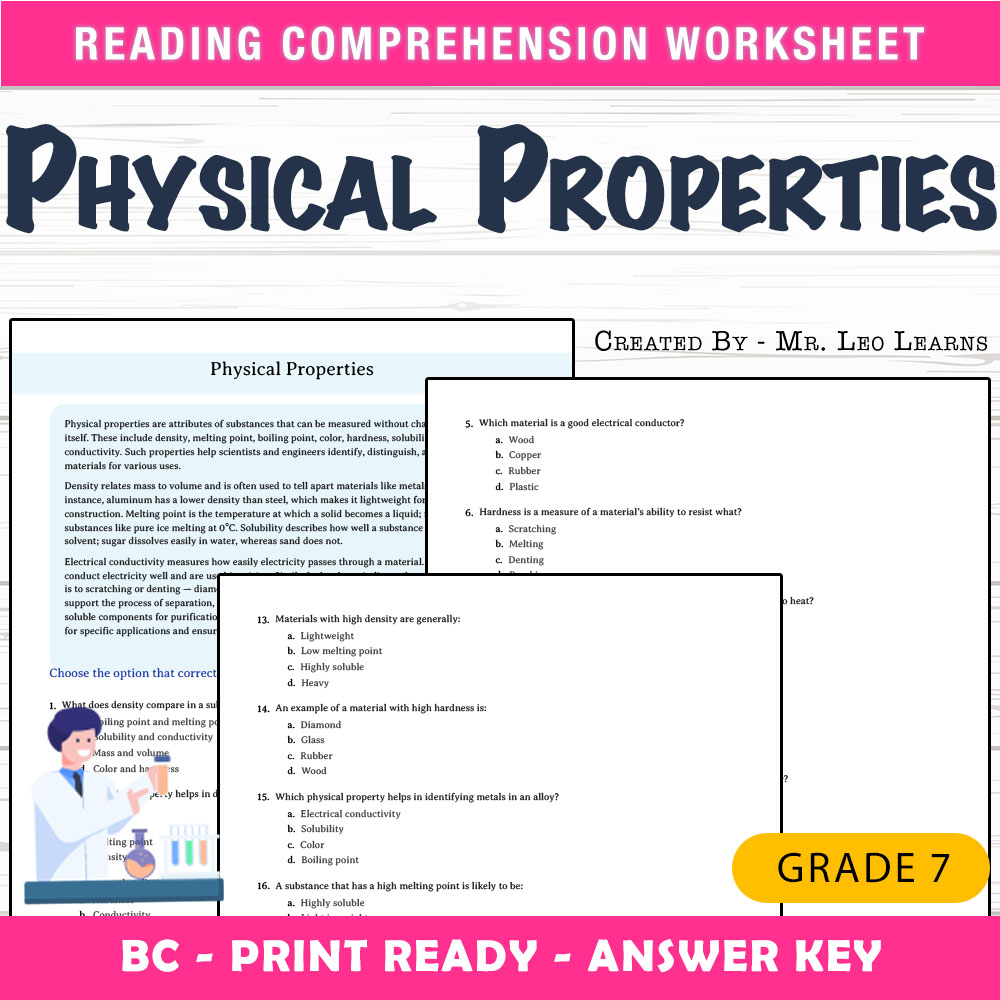 Grade 7 Science worksheet mcq paper worksheet — Grade 7 Science — Physical Properties Worksheet MCQ Paper — page 1