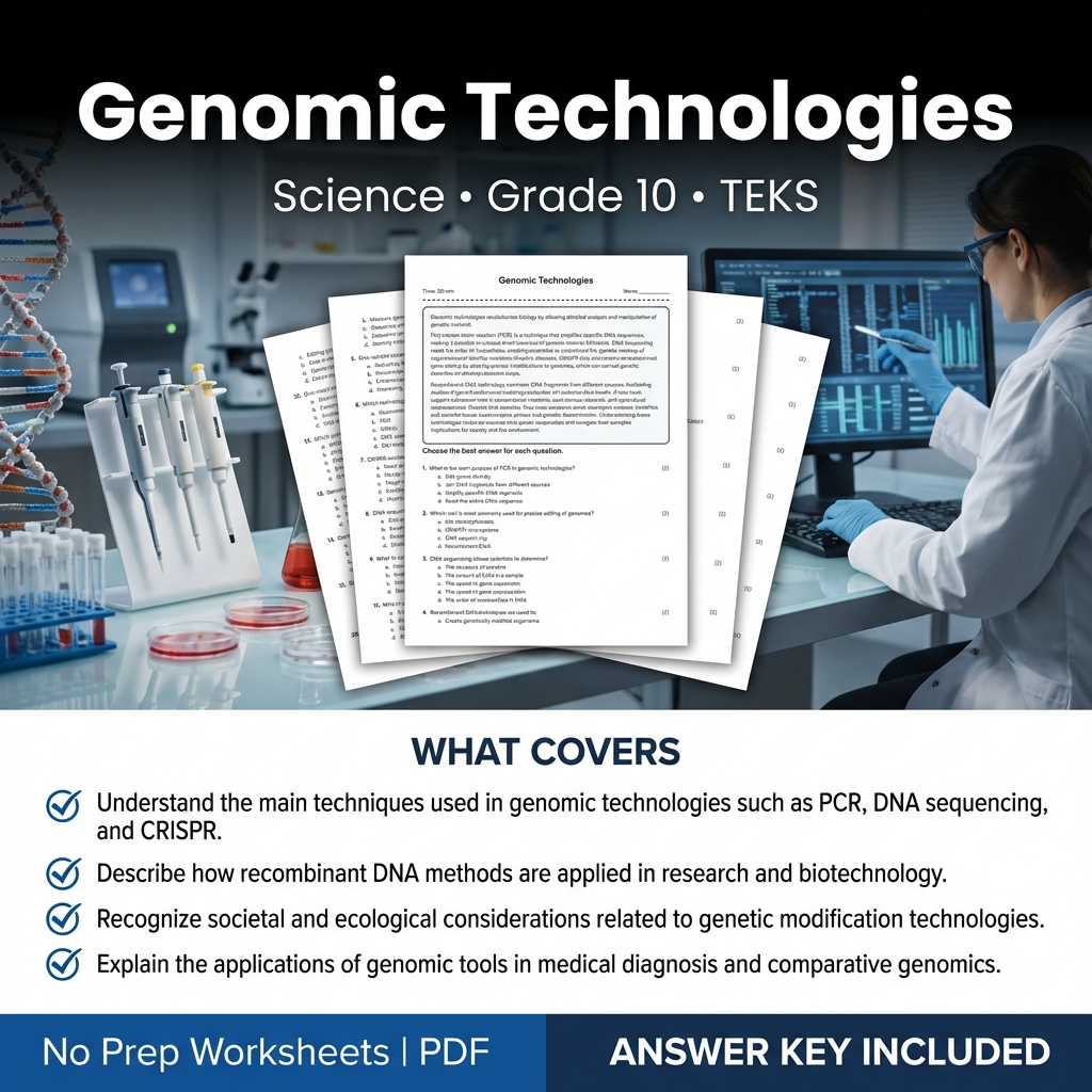 Genomic Technologies Science Worksheet for Grade 10 | TEKS Aligned Practice