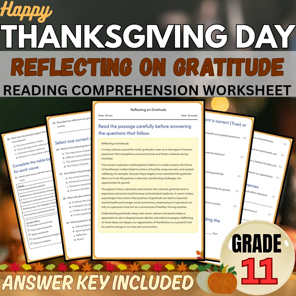 Grade 11 Seasonal | Reflecting on Gratitude Worksheet for Mastery|PDF+Answer Key