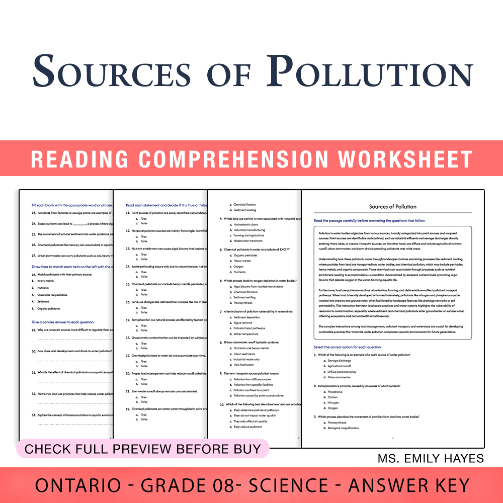 Grade 8 Science worksheet worksheet — 8th Grade Science | Sources of Pollution Worksheet (PDF + Answer Key) — page 1