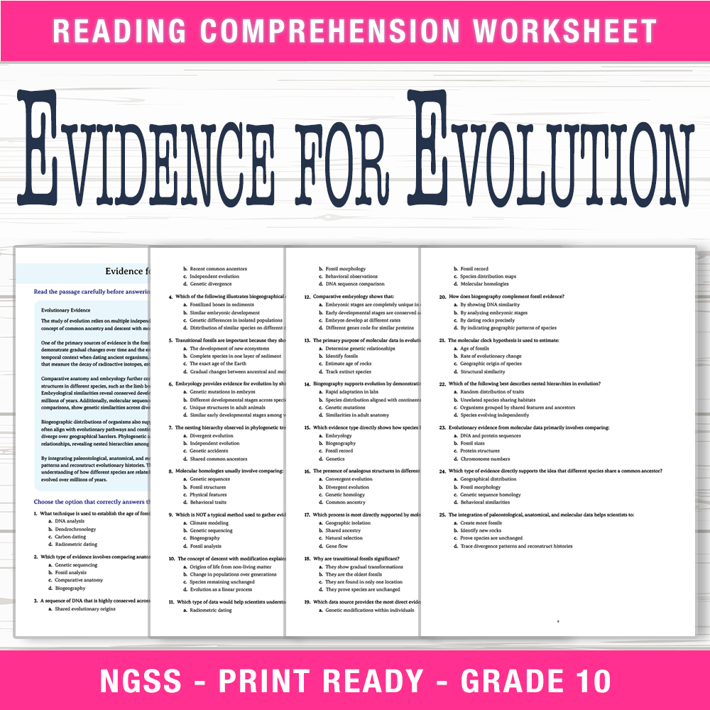 Grade 10 Science worksheet worksheet — Grade 10 Science | Evidence for Evolution Worksheet (PDF + Answer Key) — page 1