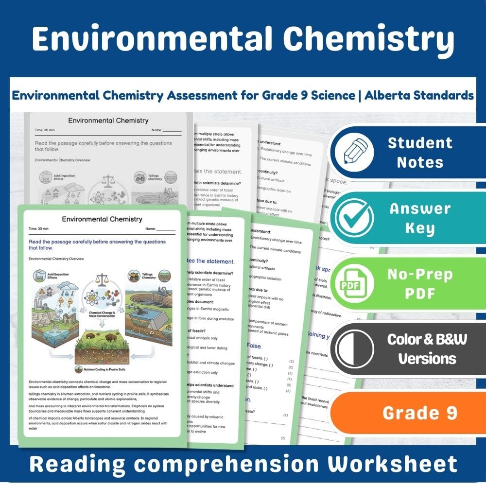 Grade 9 Science assessment worksheet — Environmental Chemistry Assessment for Grade 9 Science | Alberta Standards — page 1