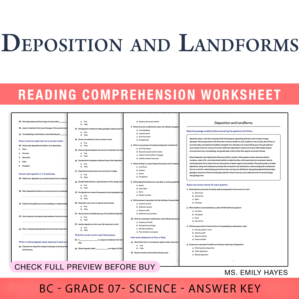 Grade 7 Science worksheet worksheet — Grade 7 Science | Deposition and Landforms Worksheet (PDF + Answer Key) — page 1