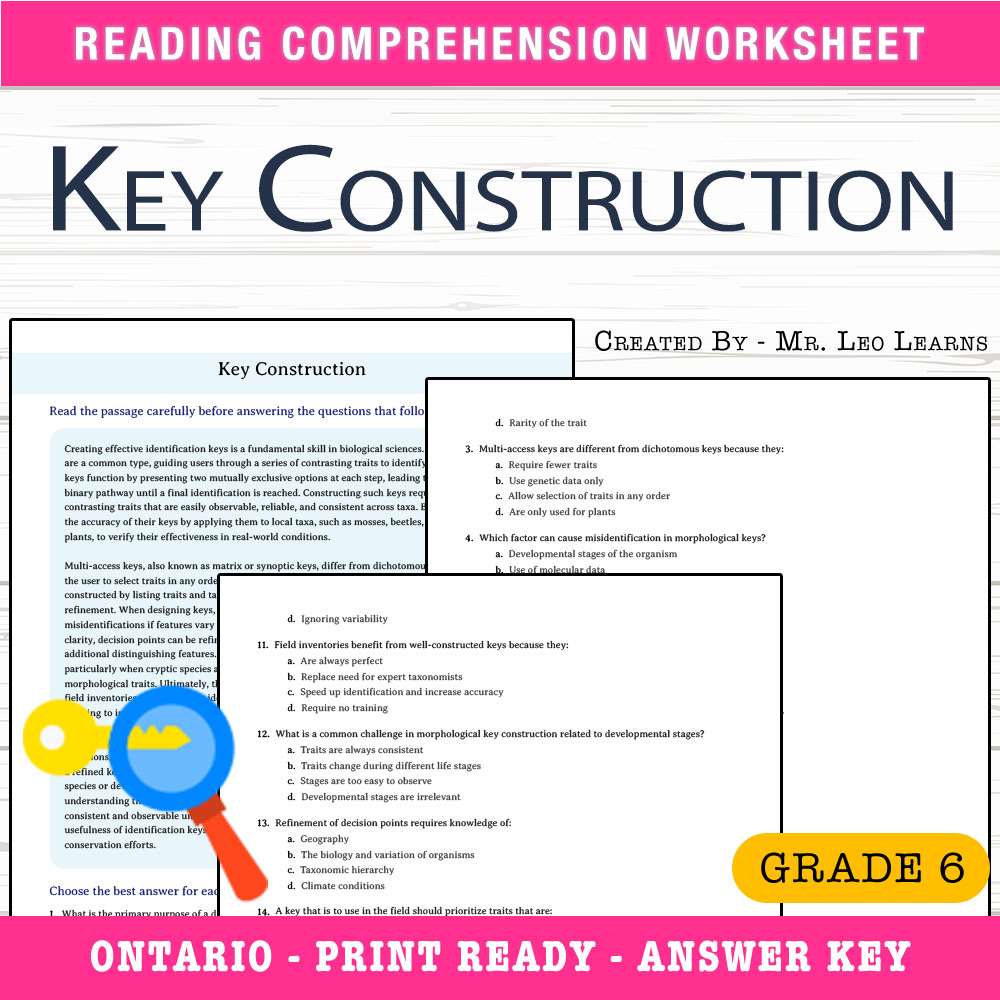 Grade 6 Science worksheet — Grade 6 Science — Creating Identification Keys Worksheet for Mastery — page 1