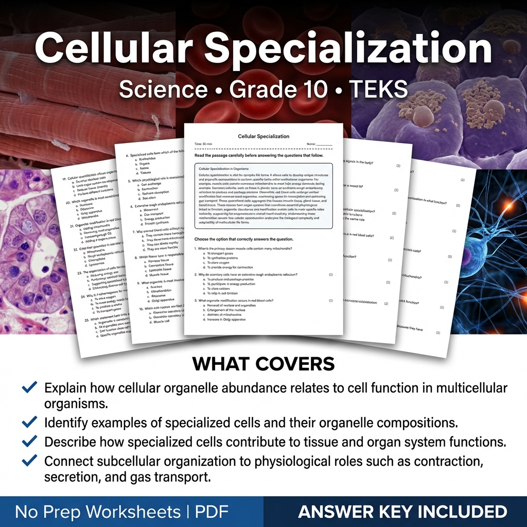 Cellular Specialization Worksheet for Grade 10 Science | TEKS Aligned