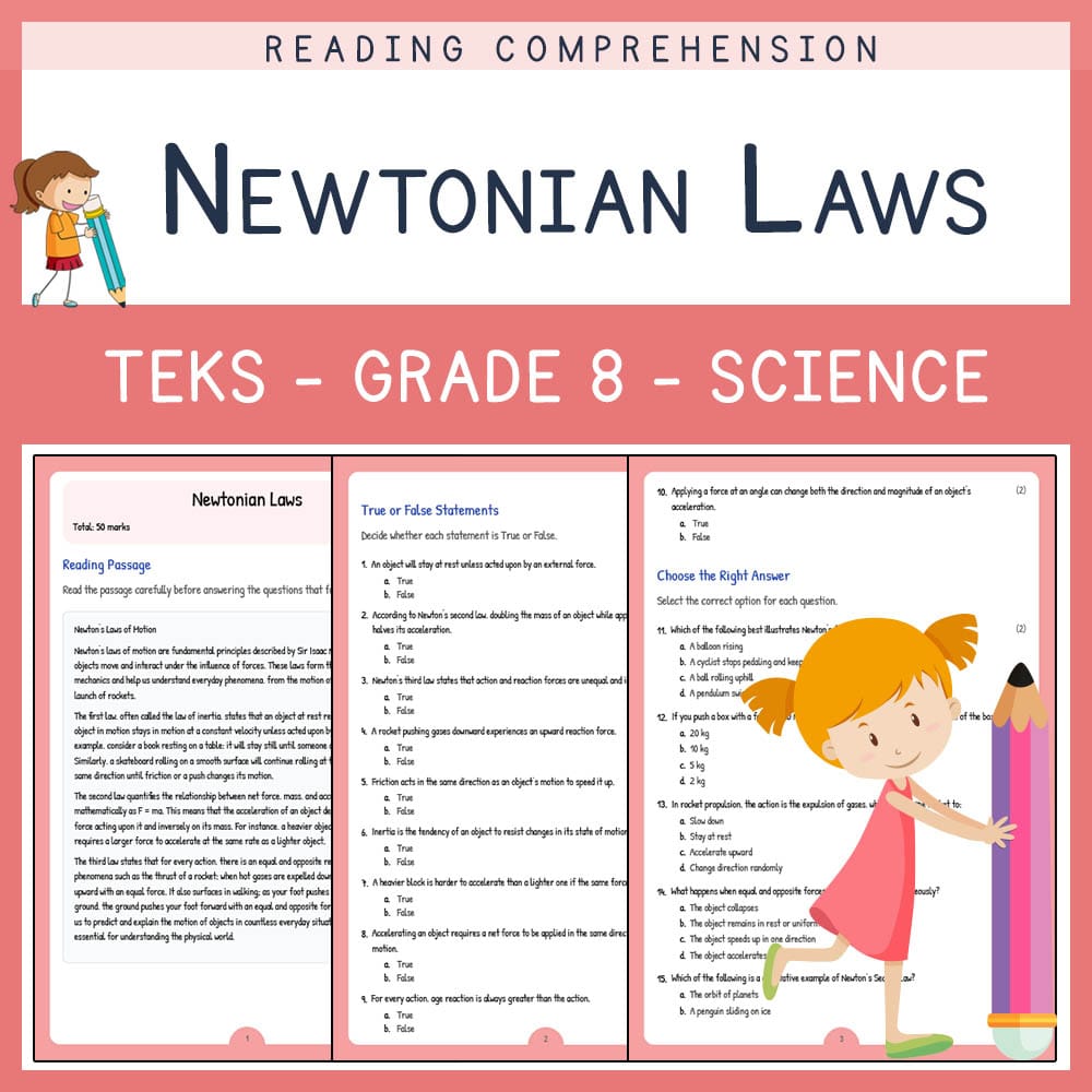 Grade 8 Science worksheet elena worksheet — Grade 8 Science | Newtonian Laws Worksheet | TEKS-Aligned — page 1