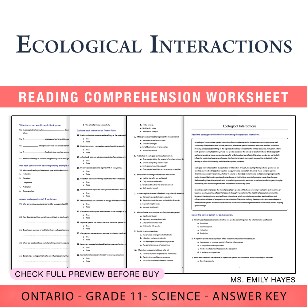 Grade 11 Science worksheet worksheet — 11th Grade Science | Ecological Interactions Worksheet (PDF + Answer Key) — page 1