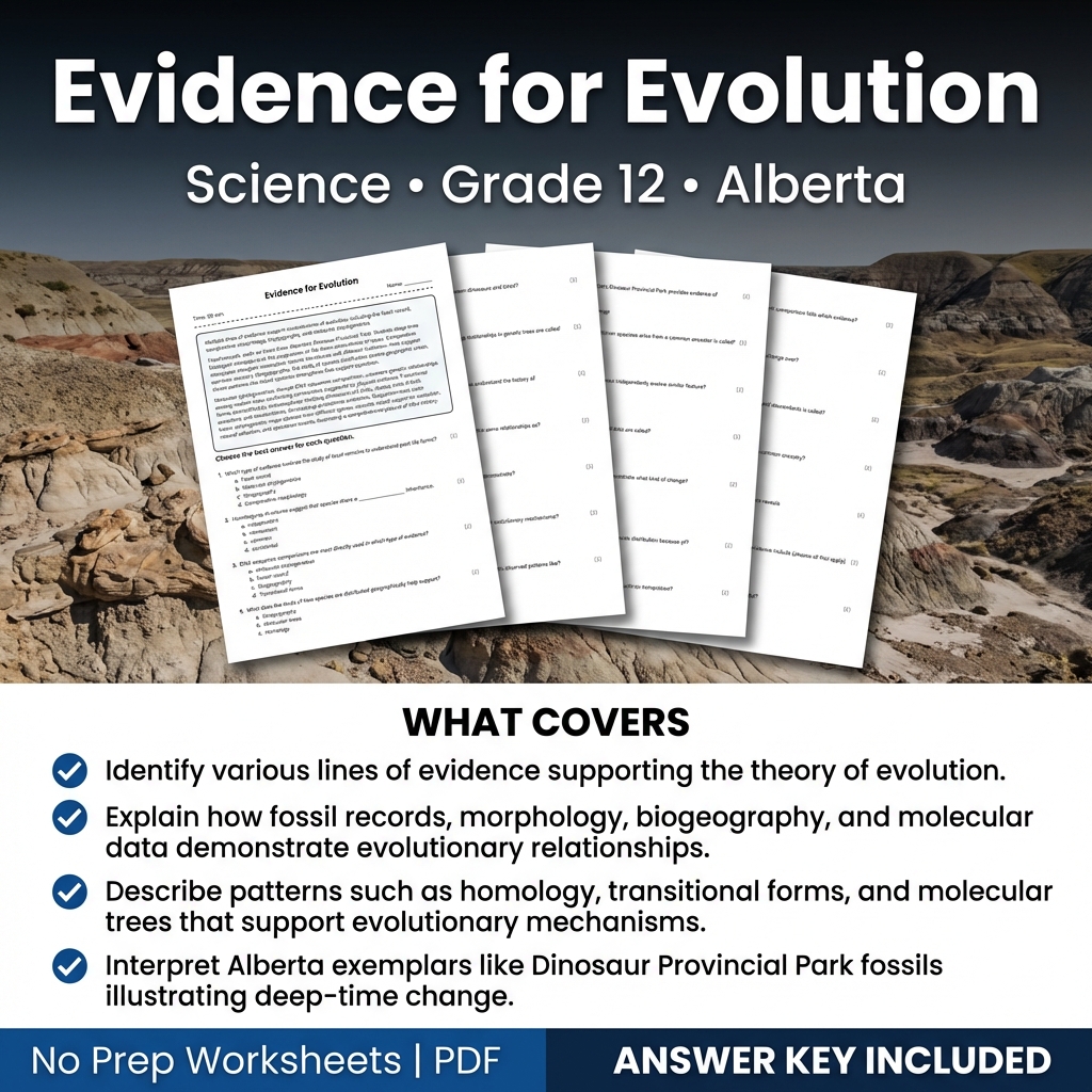 Evidence for Evolution Worksheet for Grade 12 Science | Alberta Standards