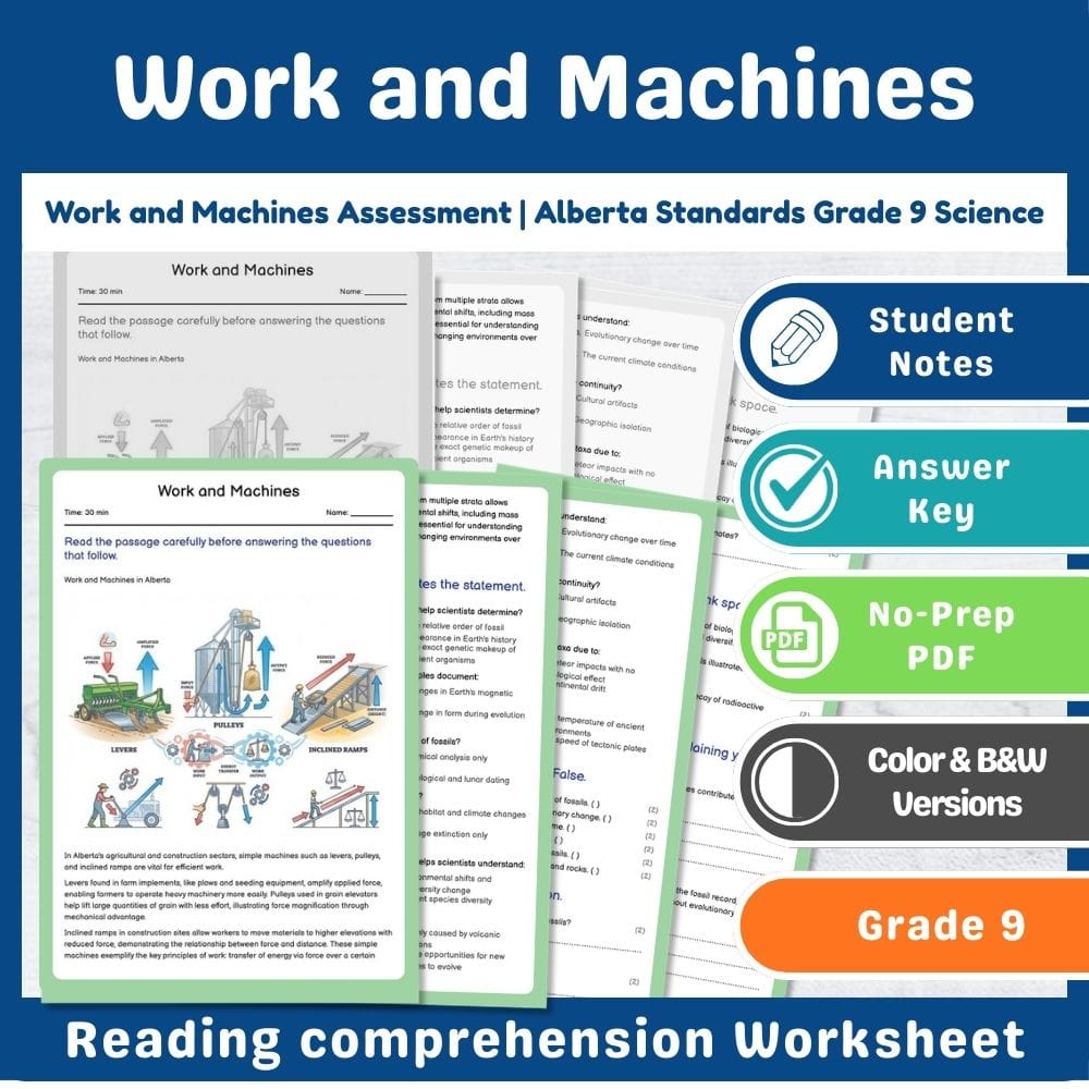 Grade 9 Science assessment worksheet — Work and Machines Assessment | Alberta Standards Grade 9 Science — page 1