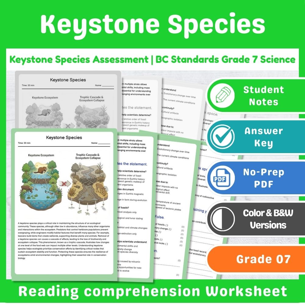 Keystone Species Assessment | BC Standards Grade 7 Science Worksheet