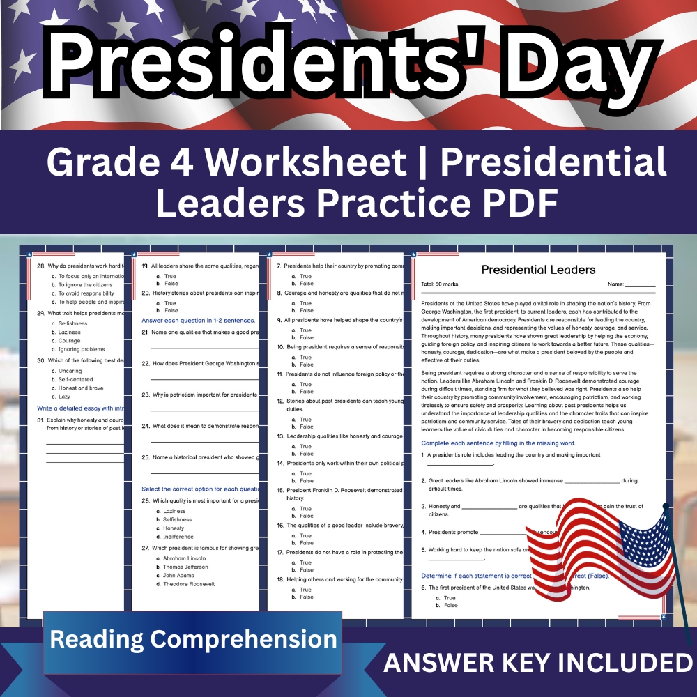 Grade 4 Seasonal Worksheet | Presidential Leaders Assessment & Student Practice (Printable PDF)