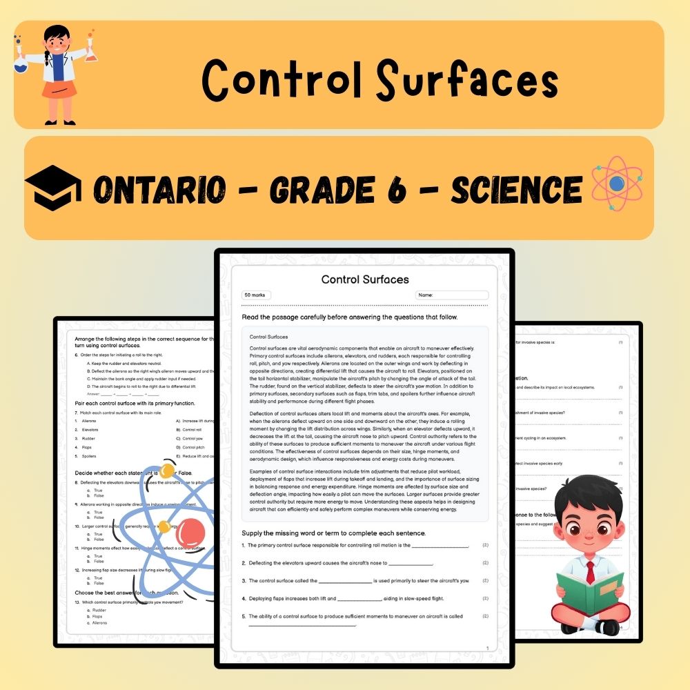 Grade 6 Science worksheet worksheet — 6th Grade Science | Control Surfaces Worksheet (PDF ) – Ontario Standards — page 1