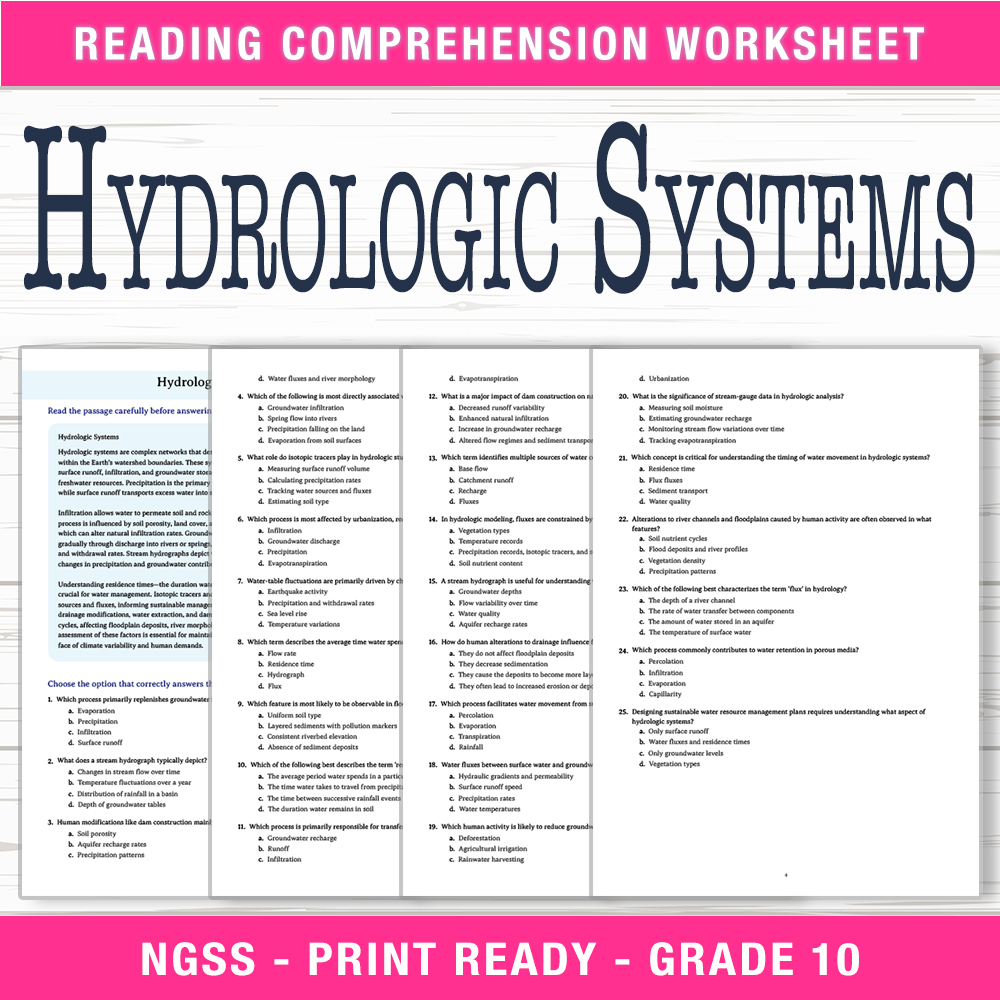 Grade 10 Science worksheet worksheet — Grade 10 Science – Hydrologic Systems Worksheet (PDF + Answer Key) — page 1