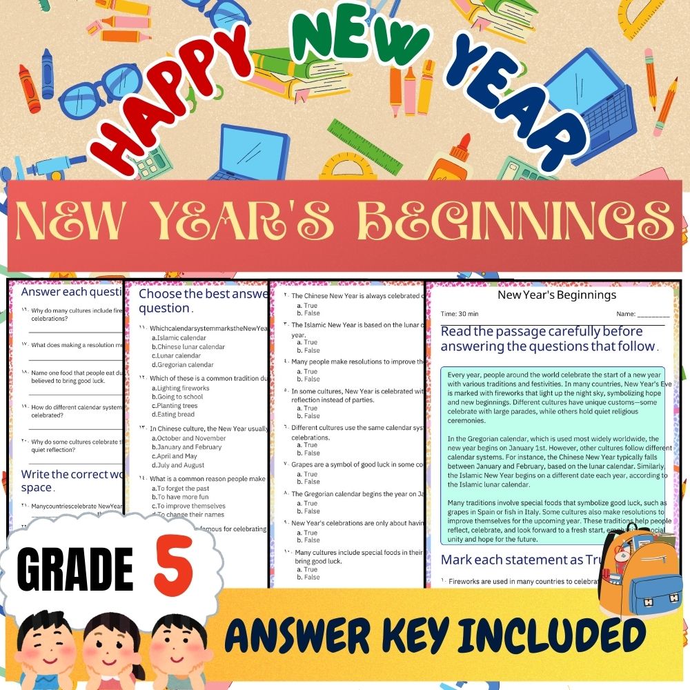 Grade 5 Seasonal Unit|Celebrations, Traditions, Goals & Calendars Worksheet Pack — included worksheet 5