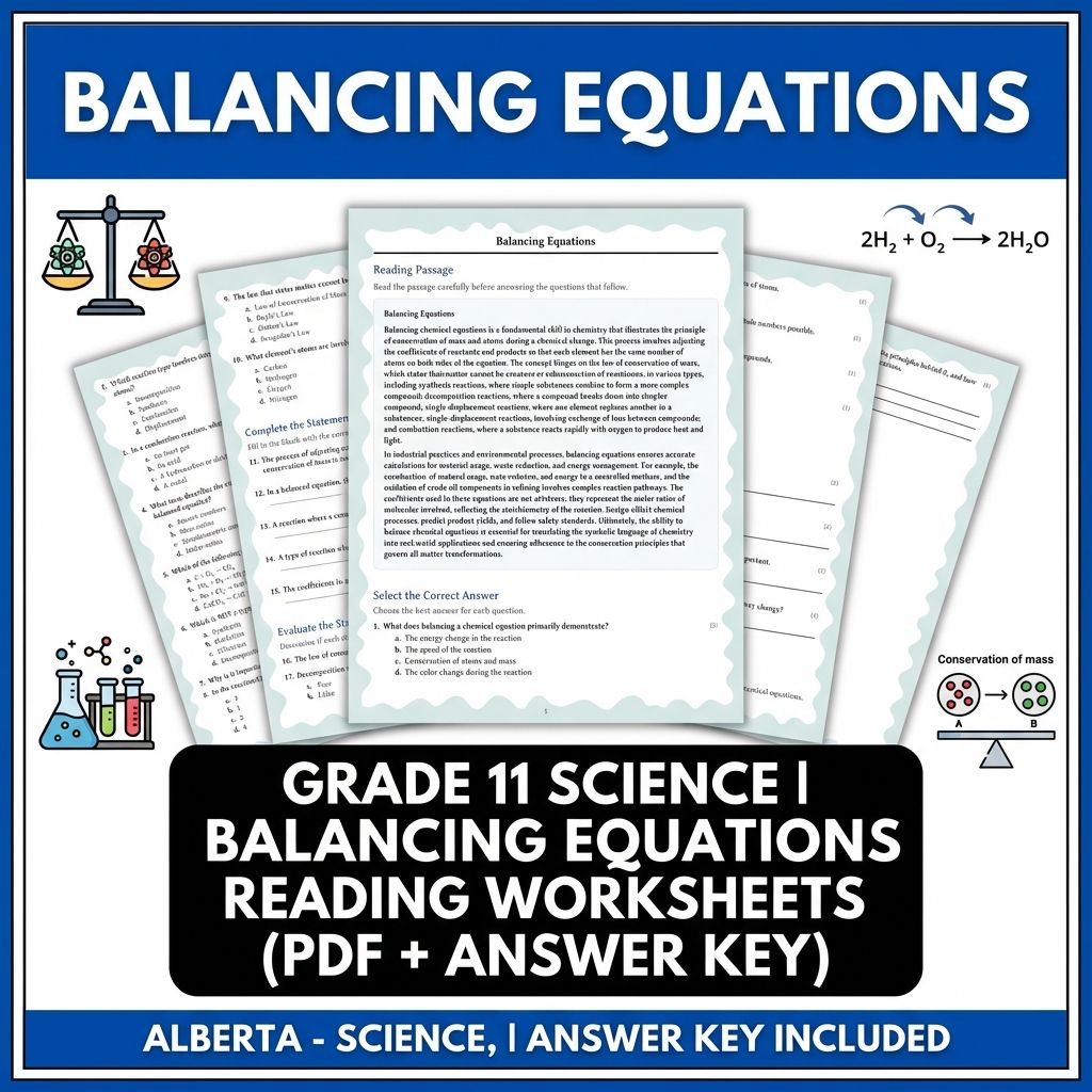Grade 11 Science | Balancing Equations Reading Worksheets (PDF + Answer Key)
