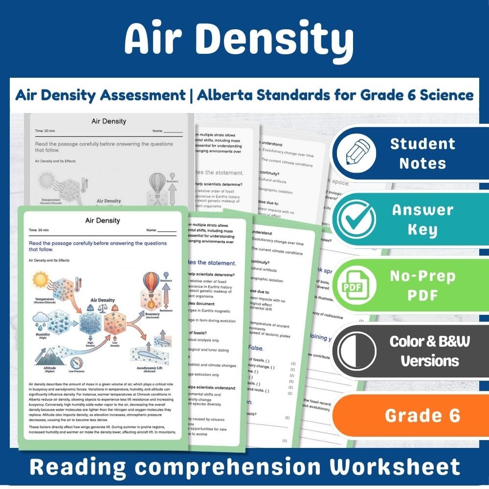 Grade 6 Science assessment worksheet — Air Density Assessment | Alberta Standards for Grade 6 Science — page 1