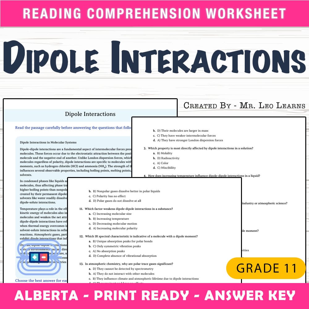 Grade 11 Science worksheet mcq paper worksheet — Grade 11 Science — Worksheet MCQ Paper for Mastering Dipole Interactions…