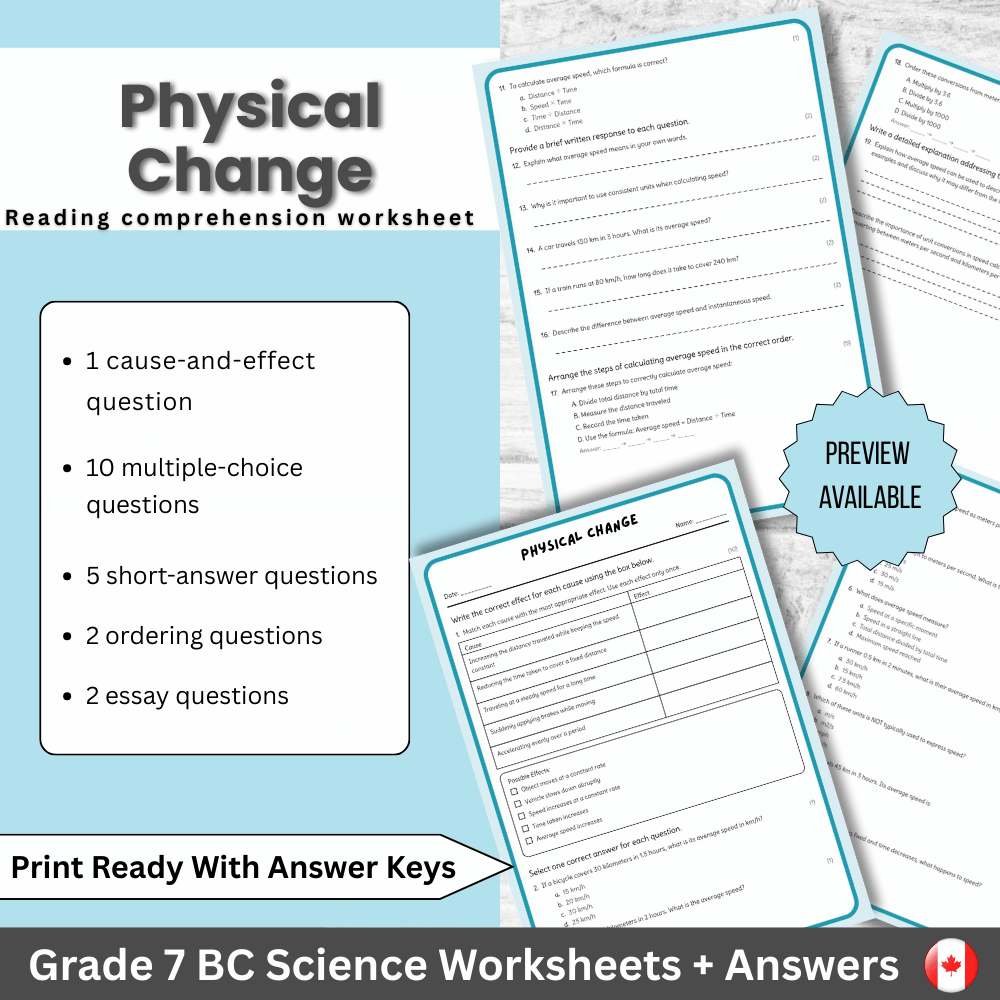 Grade 7 Science | Physical Change Worksheet + Answer Key (PDF)