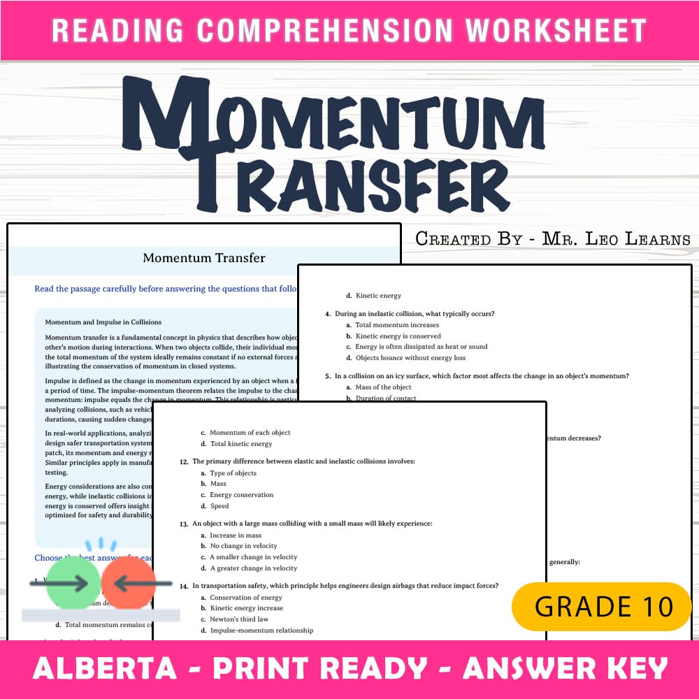 Grade 10 Science worksheet mcq paper worksheet — Grade 10 Science — Worksheet MCQ Paper for Momentum Transfer — page 1