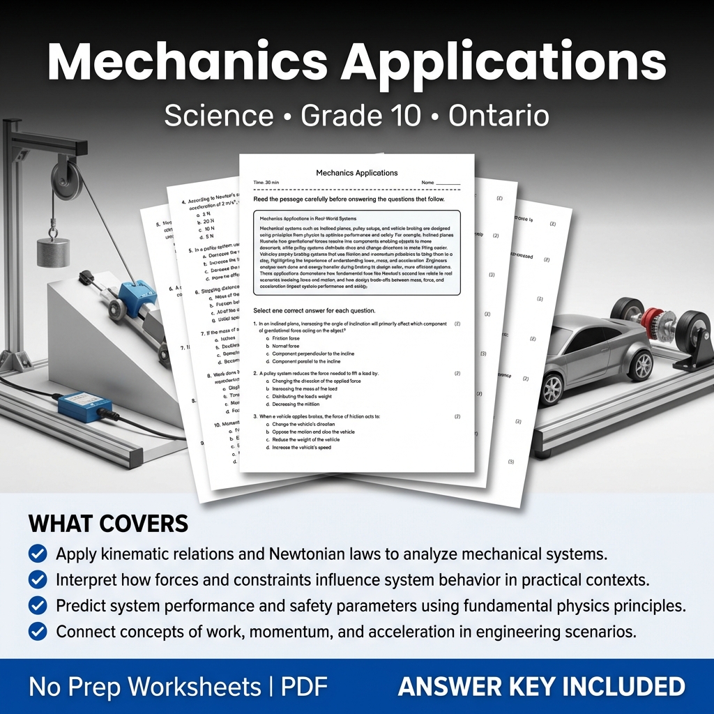 Mechanics Applications Worksheet for Grade 10 Science | Ontario Standards