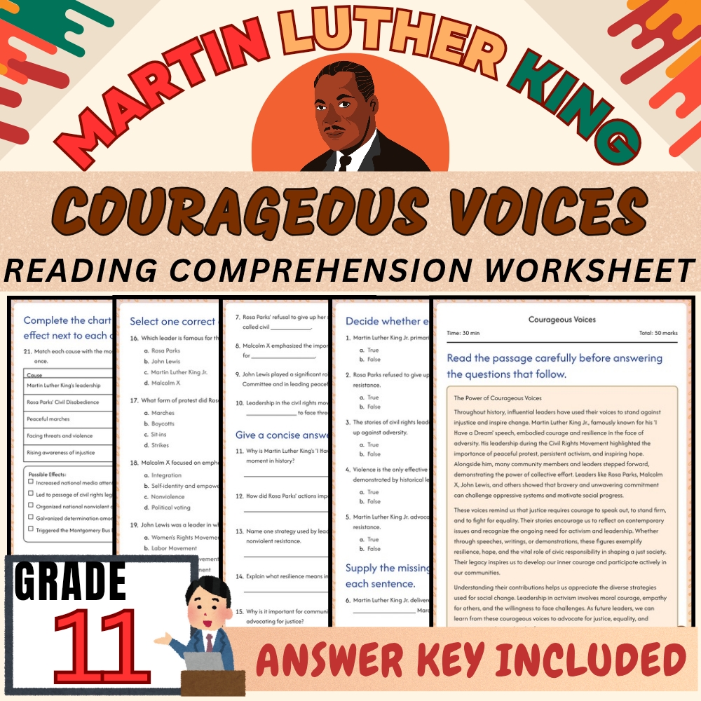 Grade 11 | Martin Luther King Worksheet for Courageous Voices | PDF + Answer Key