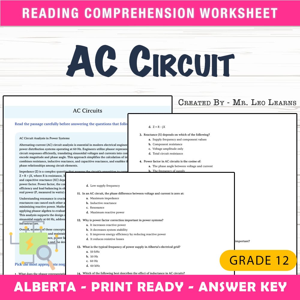 Grade 12 Science worksheet mcq paper worksheet — Grade 12 Science — AC Circuit MCQ Worksheet for Mastery — page 1
