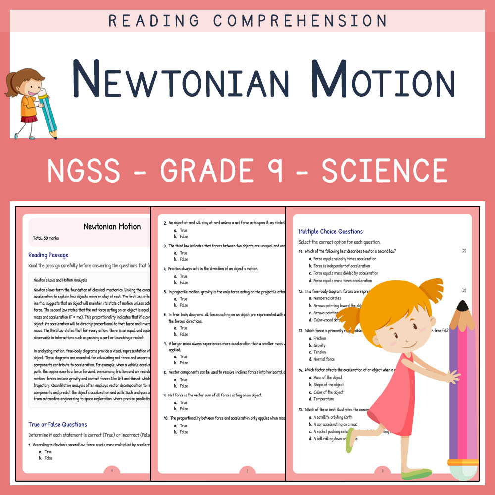 Grade 9 Science worksheet worksheet — Grade 9 Science | Newtonian Motion Worksheet (PDF + Answer Key Included) — page 1