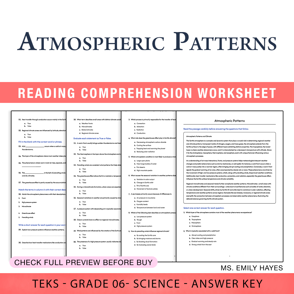 Grade 6 Science worksheet worksheet — 6th Grade Science | Atmospheric Patterns Worksheet (PDF+ Answer Key) — page 1