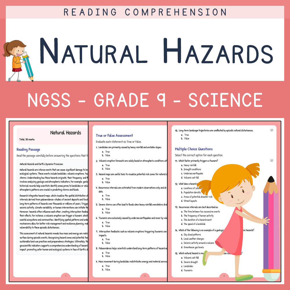 Grade 9 Science worksheet worksheet — Grade 9 Science | Natural Hazards Worksheet (Answer Key & Rubric) NGSS Aligned — page 1