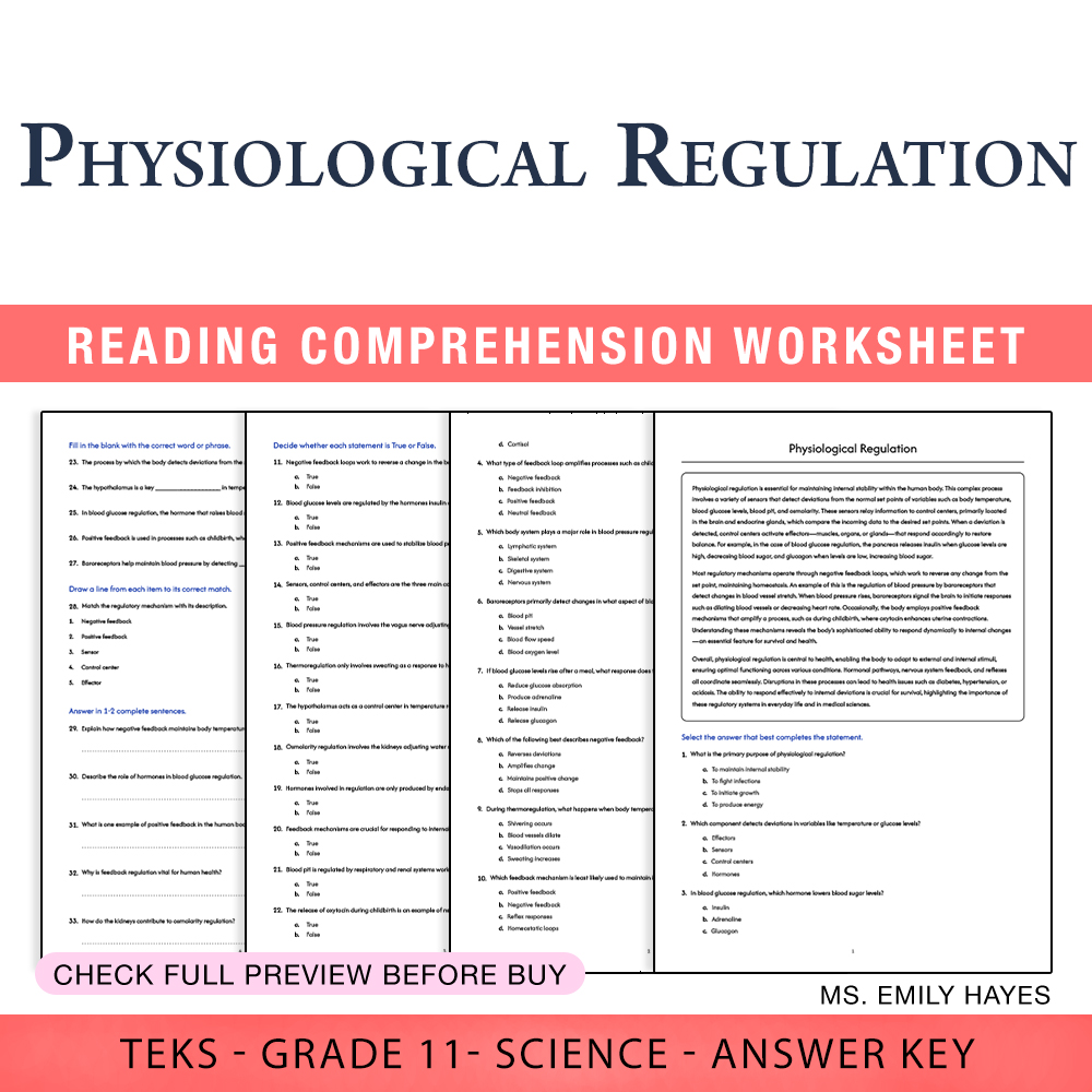 Grade 11 Science worksheet worksheet — 11th Grade Science | Physiological Regulation Worksheet (PDF+ Answer Key) — page 1
