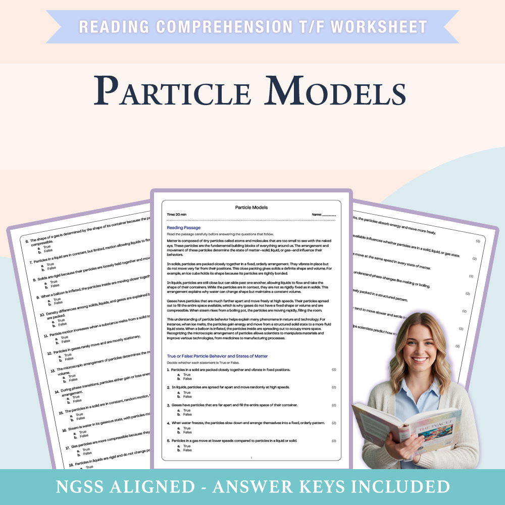 Science reading comprehensions true or false worksheet worksheet — 6th Grade Science | Particle Models True or False Works…