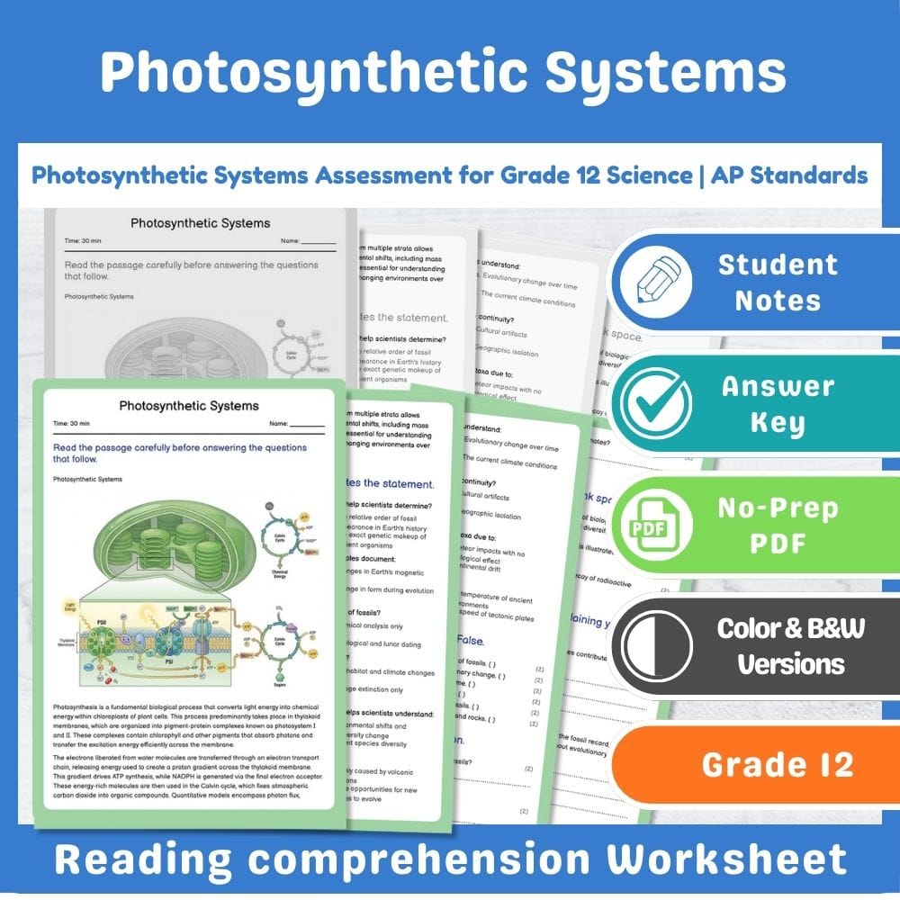 Grade 12 Science assessment worksheet — Photosynthetic Systems Assessment for Grade 12 Science | AP Standards — page 1