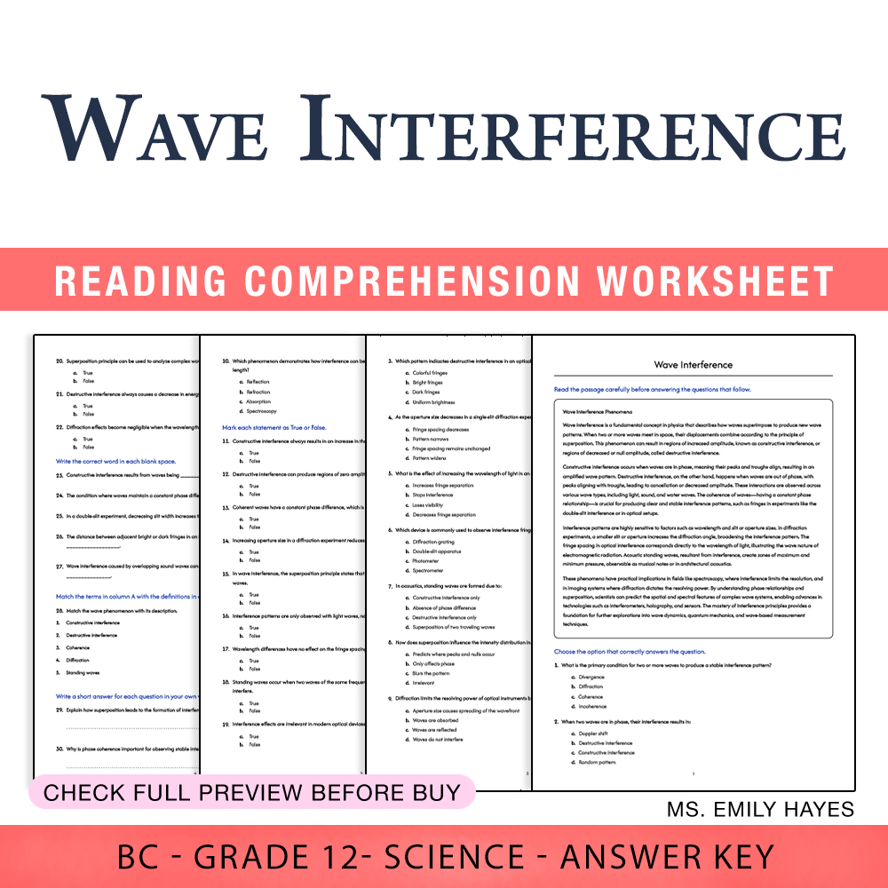 Grade 12 Science worksheet worksheet — Grade 12 Science | Wave Interference Worksheet (PDF + Answer Key) — page 1