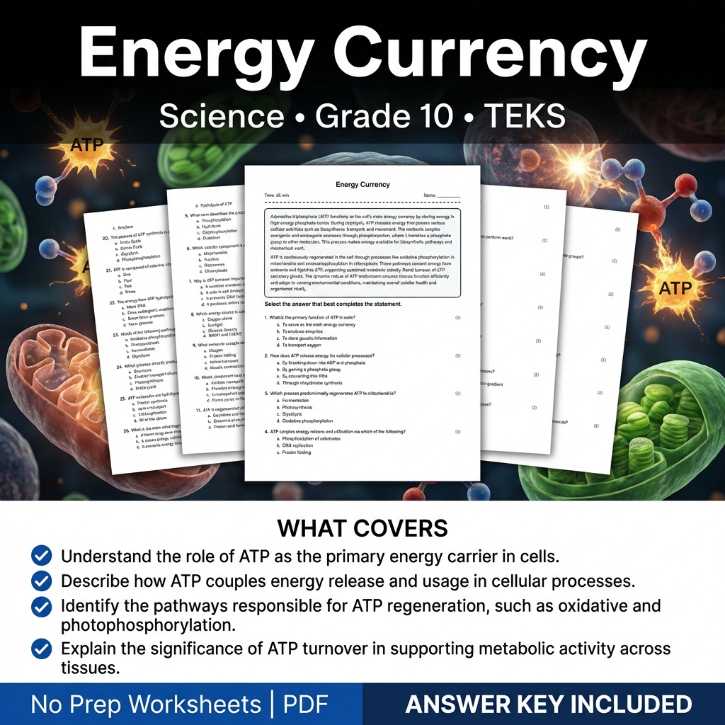 Grade 10 Science Worksheet on Energy Currency | TEKS Aligned