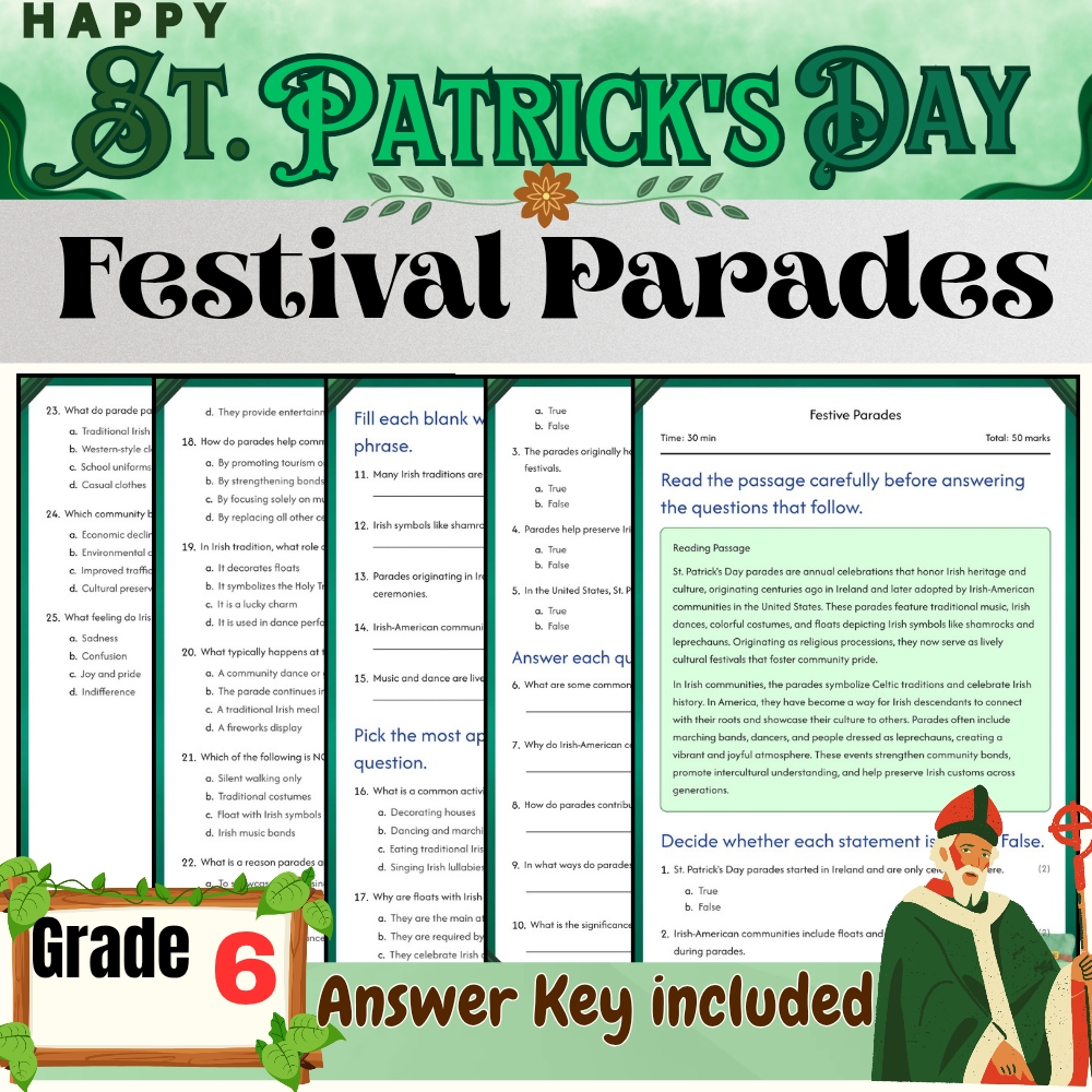Grade 6 Seasonal – St. Patrick's Day Worksheets Bundle (Answer Key Included) — included worksheet 4