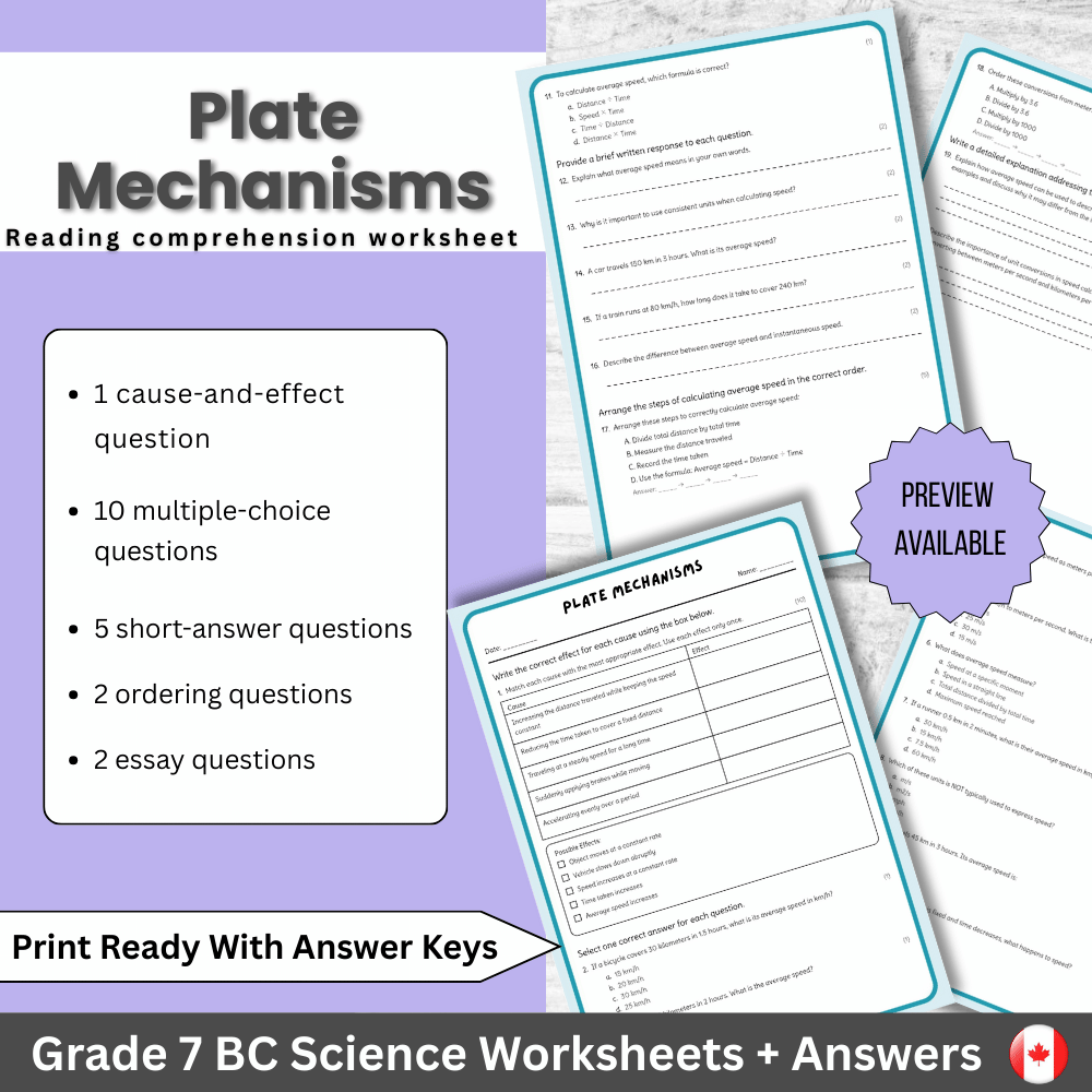 Grade 7 Science | Plate Mechanisms Worksheet + Answer Key (PDF)