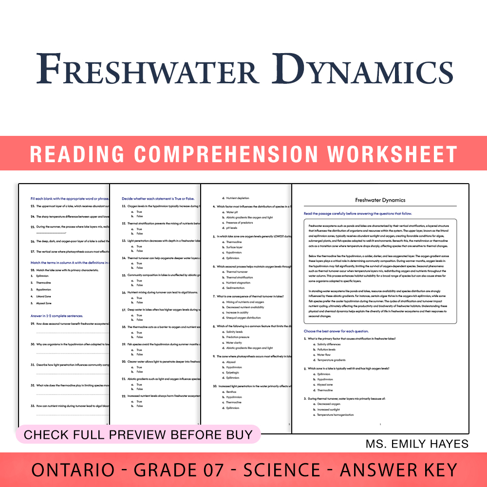 Grade 7 Science worksheet worksheet — 7th Grade Science | Freshwater Dynamics Worksheet (PDF+ Answer Key) — page 1