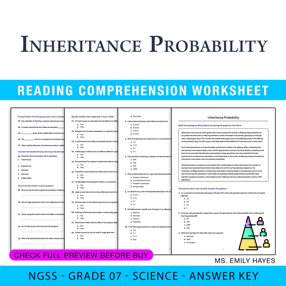 Grade 7 Science worksheet worksheet — 7th Grade Science | Inheritance Probability Worksheet (PDF+ Answer Key) — page 1