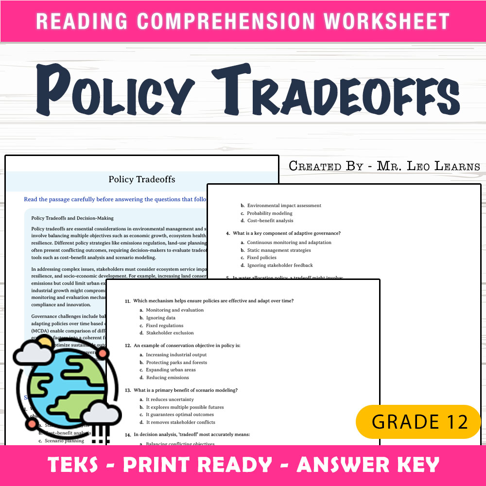Grade 12 Science worksheet worksheet — Grade 12 Science | Policy Tradeoffs Worksheet for Mastery — page 1