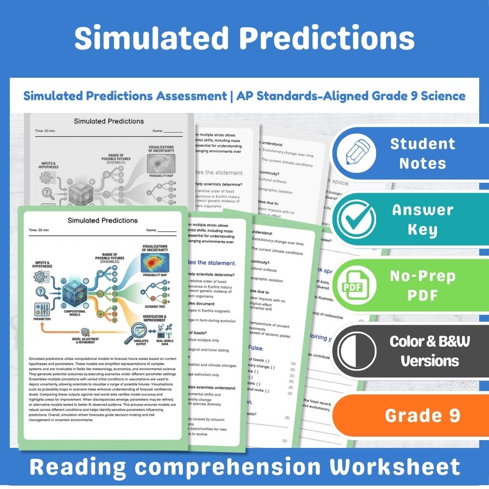 Grade 9 Science assessment worksheet — Simulated Predictions Assessment | AP Standards-Aligned Grade 9 Science — page 1