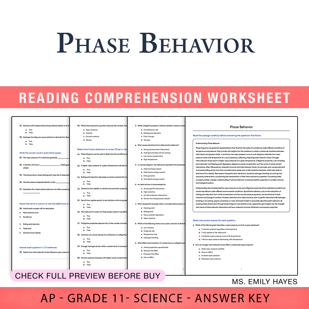 Grade 11 Science worksheet worksheet — 11th Grade Science | Phase Behavior Worksheet (PDF+ Answer Key) — page 1