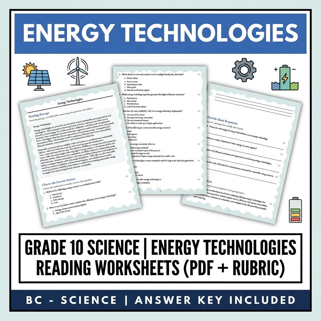 Grade 10 Science | Energy Technologies Reading Worksheets (PDF + Rubric)