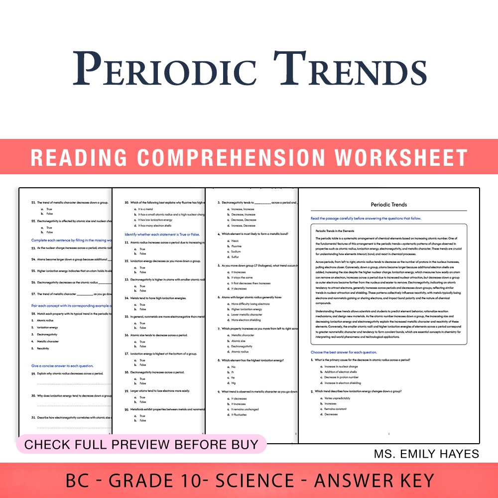 Grade 10 Science worksheet worksheet — 10th Grade Science | Periodic Trends Worksheet (PDF + Answer Key) — page 1