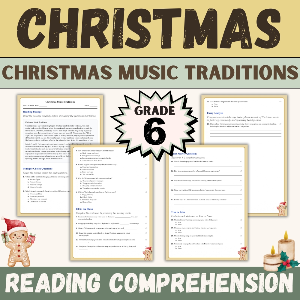 Grade 6 Seasonal Music Traditions Worksheet – Christmas Carols & Holiday Songs