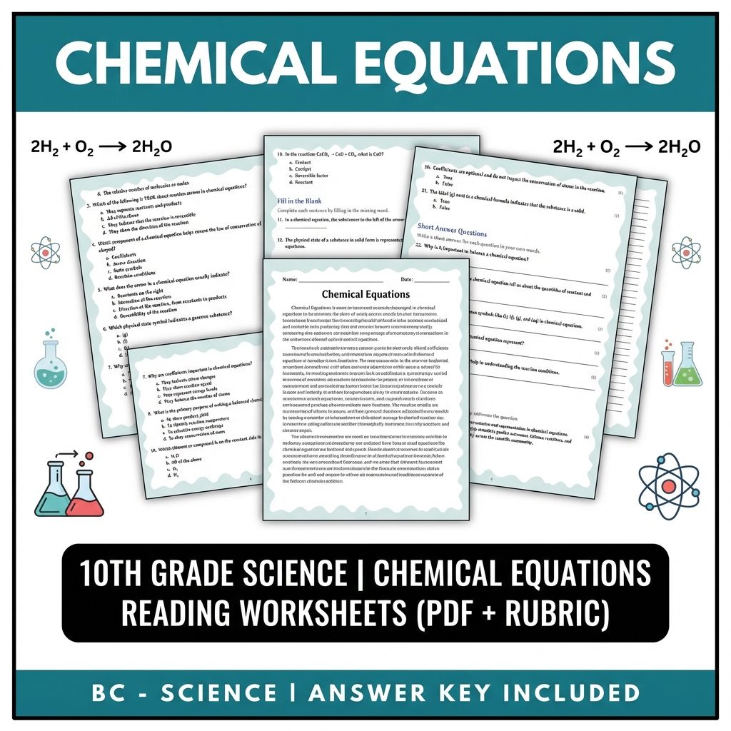 10th Grade Science | Chemical Equations Reading Worksheets (PDF + Rubric)