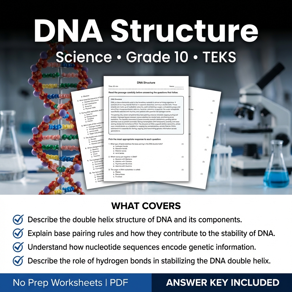 Grade 10 Science Worksheet on DNA Structure | TEKS Aligned