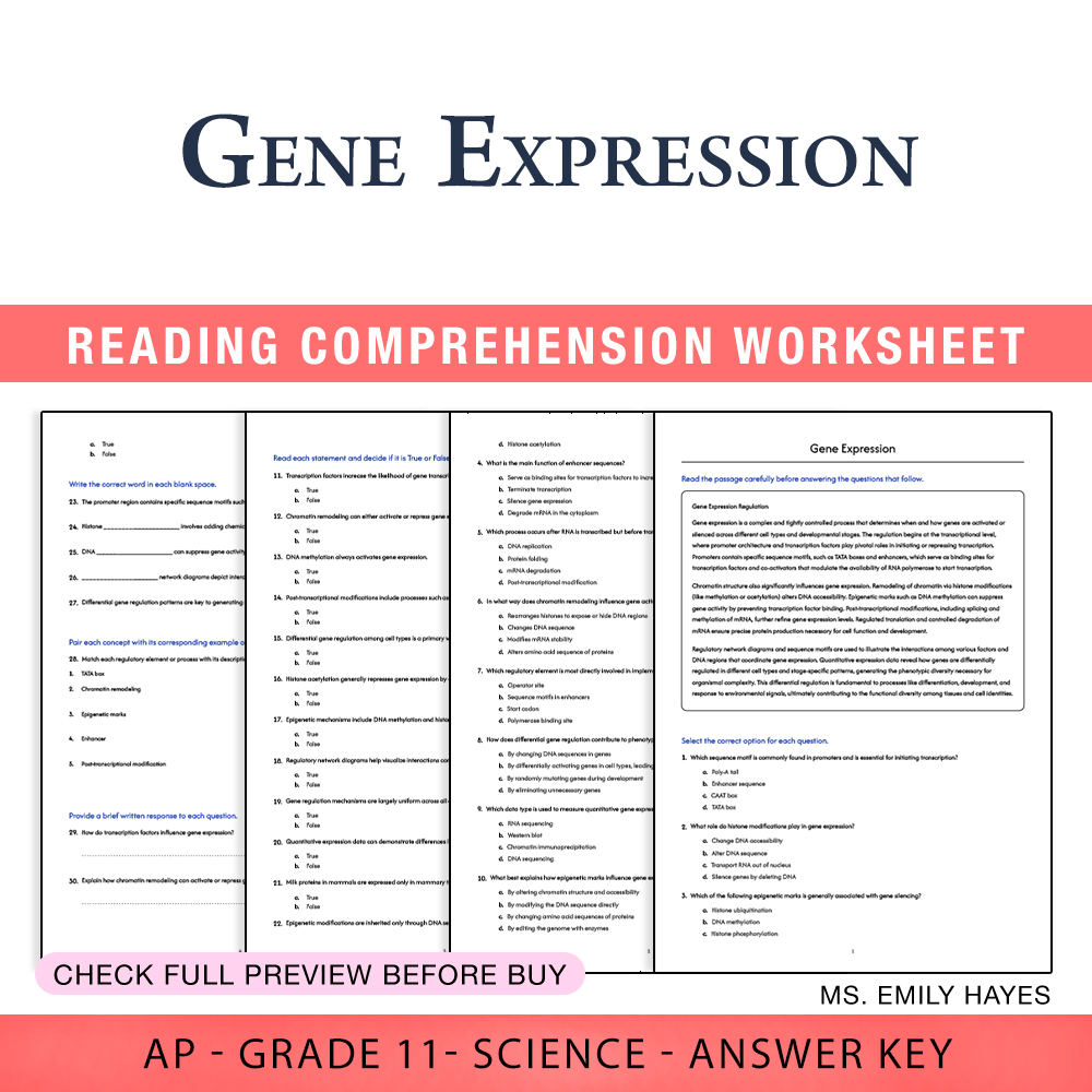 Grade 11 Science worksheet assessment worksheet — Grade 11 Science | Gene Expression Worksheet (PDF+ Answer Key) — page 1