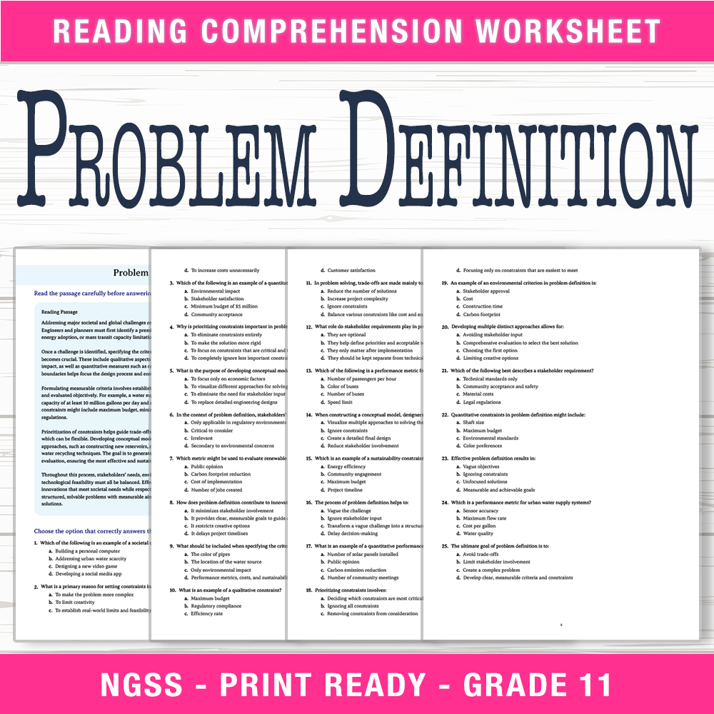 Grade 11 Science worksheet worksheet — Grade 11 Science | Problem Definition Worksheet (PDF + Answer Key) — page 1